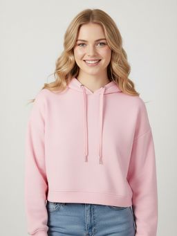 Glito - Women Solid Regular Fit Hooded Pullover Crop Pink Hoodie