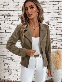 Outzidr - Women Raw Edge Detail Suede Grey Blazer
