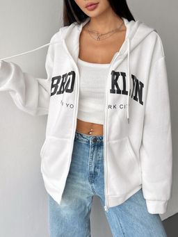 Outzidr - Women Full Sleeve Typography Printed Hooded White Jacket