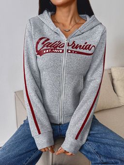 Outzidr - Women Full Sleeve Typography Printed Hooded Grey Jacket