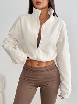 Outzidr - Women Bishop Sleeve Front Zip Fur Off White Jacket