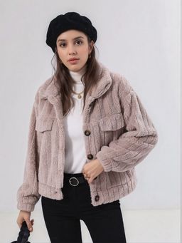 Outzidr - Women Full Sleeve Buttoned Textured Beige Jacket