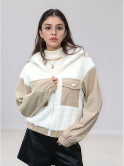 Outzidr - Women Full Sleeve Contrast Panel Double Pocket White Jacket