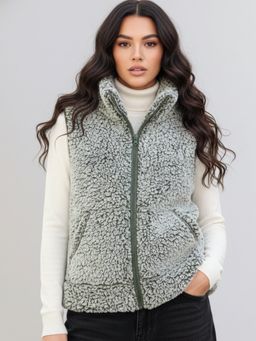 Outzidr - Women Sleeveless Zip Front Textured Grey Jacket