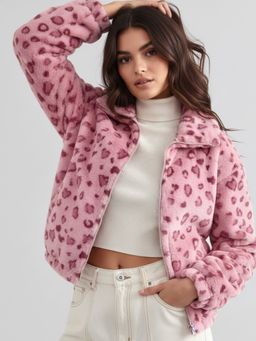 Outzidr - Women Full Sleeve Animal Printed Pink Jacket