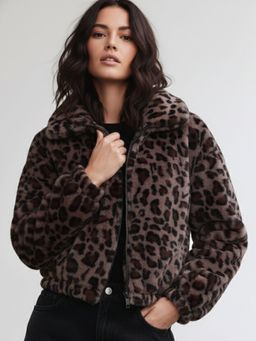 Outzidr - Women Full Sleeve Animal Printed Brown Jacket