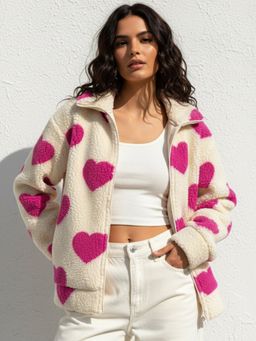 Outzidr - Women Full Sleeve Abstract Printed Pink Jacket