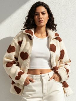 Outzidr - Women Full Sleeve Abstract Printed Brown Jacket