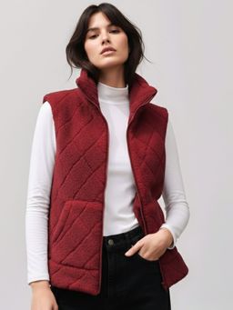 Outzidr - Women Sleeveless Zip Front Funnel Neck Maroon Jacket