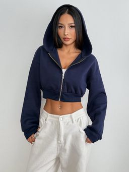 Outzidr - Women Full Sleeve Front Zip Crop Navy Blue Jacket
