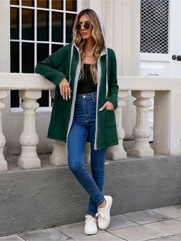 Outzidr - Women Full Sleeve Hooded Green Jacket