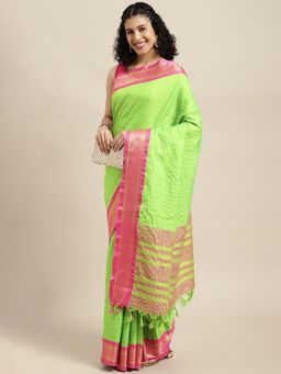 Vastranand - Green Checked Zari Pure Silk Gadwal Saree with Unstitched Blouse