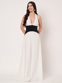 AMAGYAA - White Polka Dot Halter Neck Maxi Dress