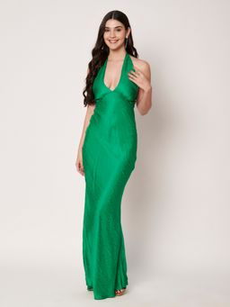 AMAGYAA - Green Jacquard Halter Neck Maxi Dress