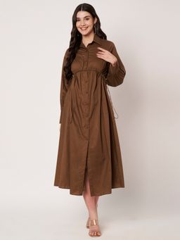 AMAGYAA - Brown Cotton Poplin Tie-Waist Shirt Midi Dress