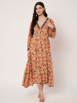 AMAGYAA - Peach Deep V-Neck Printed Midi Dress