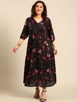 THE PINK MOON - Black Floral Printed Satin Maxi Dress