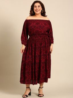 THE PINK MOON - Red Printed Off-Shoulder Maxi Dress