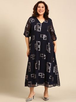 THE PINK MOON - Navy Blue Geometric Printed Party Maxi Dress