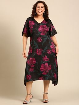 THE PINK MOON - Black Floral Printed Satin A-Line Midi Dress