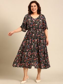 THE PINK MOON - Black Floral Printed Midi Dress