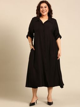 THE PINK MOON - Black Button-Down Shirt Midi Dress