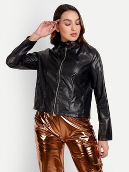 IKI CHIC - Black Faux Leather Biker Fit Jacket with Zipper