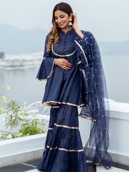Lavanya The Label - Blue Cotton Lurex Peplum And Sharara (Set of 3)