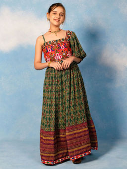 JILMIL - Girls One Shoulder Green Navratri Dress