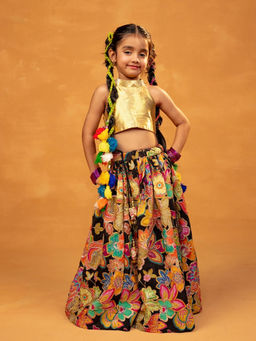JILMIL - Golden Crop Top with Floral Embroidered Black Lehenga (Set of 2)