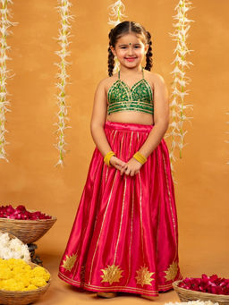 JILMIL - Girls Green Blended Fabric Woven Choli with Lehenga (Set of 2)