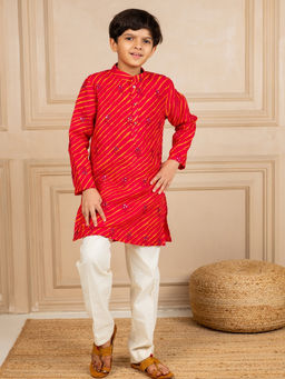 JILMIL - Boys Moonga Mirror Work Red Cotton Ethnic Kurta with White Pant