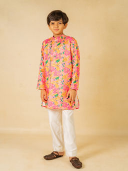 JILMIL - Boys Light Pink Floral Digital Printed Kurta With White Pant