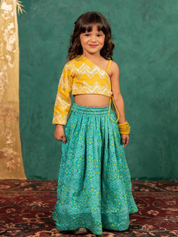 JILMIL - Girls One Shoulder Yellow Crop Top with Bandhani Mirror Work Lehenga