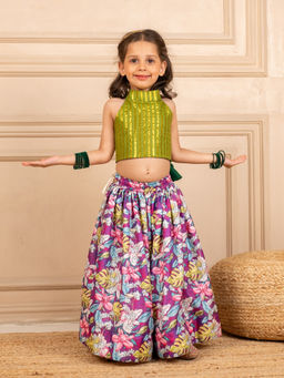 JILMIL - Girls Green Lurex Sleeveless Crop Top and Roman Printed Lehenga