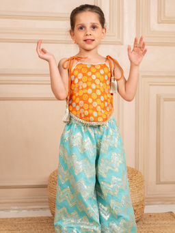 JILMIL - Girls Orange Brocade Top and Ocean Blue Zig Zag embroidered Palazzo