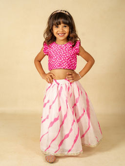 JILMIL - Girls Pink Hand Embroidered Crop Top and Moonga Digital printed Lehenga
