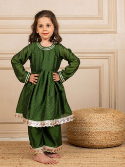 JILMIL - Girls Green Anarkali Kurta with Palazzo