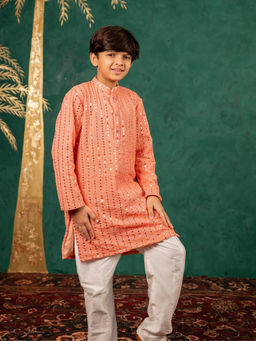 JILMIL - Boys Georgette Mirror Work Peach Kurta with Pyjama