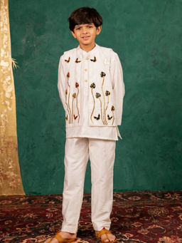 JILMIL - Boys White Silk Kurta & Pyjama with Handwork Acrylic Bundi Jacket