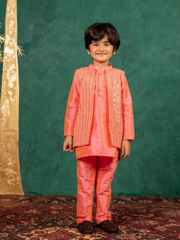 JILMIL - Boys Bright Salmon Pink Kurta & Pyjama with Georgette Mirror Work Bundi Jacket
