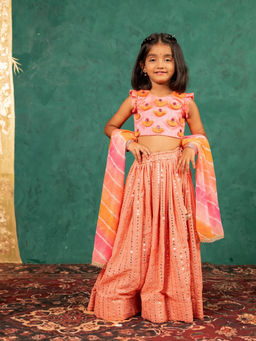JILMIL - Girls Pink Salmon Mirror Handworked Top and Mirror Lehenga with Dupatta