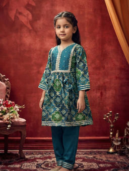JILMIL - Girls Blue Cotton Printed Anarkali with Pant