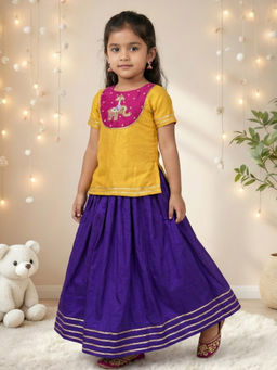 JILMIL - Girls Mustard Elephant Kurta and Lehenga