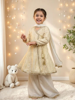 JILMIL - Girls Off-White Angarkha Kurta Palazzo With Dupatta
