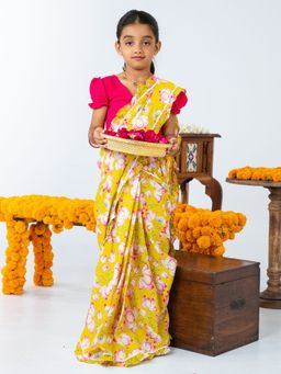 JILMIL - Girls Yellow and Pink Floral Printed Ready To Wear Cotton Saree with Blouse