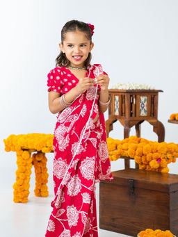 JILMIL - Girls Red Floral Printed Ready To Wear Cotton Saree with Blouse