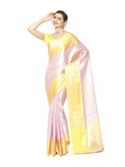 Banarasi Silk Works - Pink Zari Kanchi Silk Tanchoi Meena Saree with Unstitched Blouse
