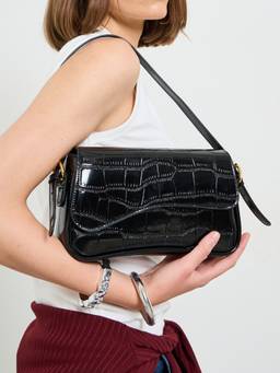 Styli - Women Black Croc Textured Flap Shoulder Bag