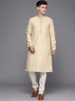 Manyavar - Beige Full Sleeves Kurta with Pencil Pajama (Set of 2)